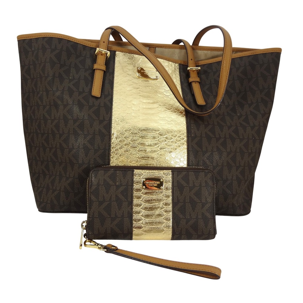Michael Kors Jet Set Gold Snakeskin Embossed Travel‎ Tote and Matching Wristlet